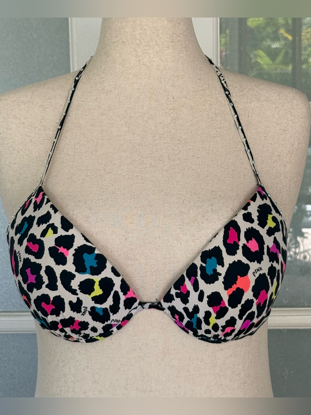 VS PINK Leopard Bikini Top Neon Animal Print Rhinestone Halter Swim